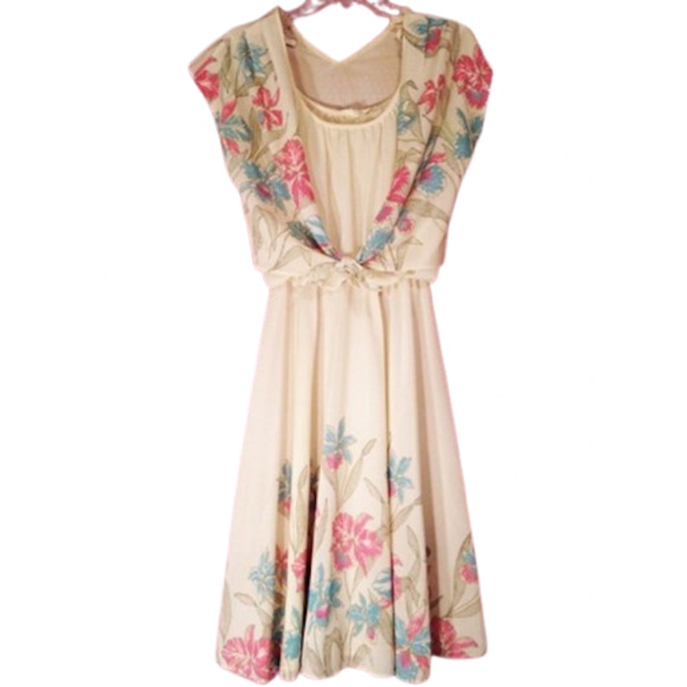 Vtg 70's Cream Floral Print Tie Top & Dress Set 14